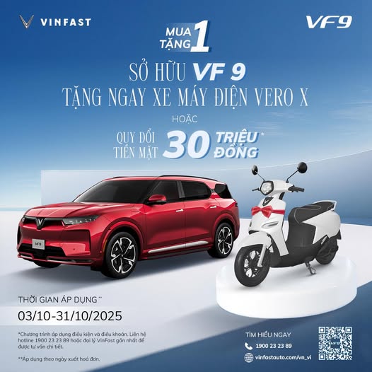 VF9 (Hạng Sang): GIẢM TRỰC TIẾP 30 TRIỆU ĐỒNG (Quy đổi quà tặng)